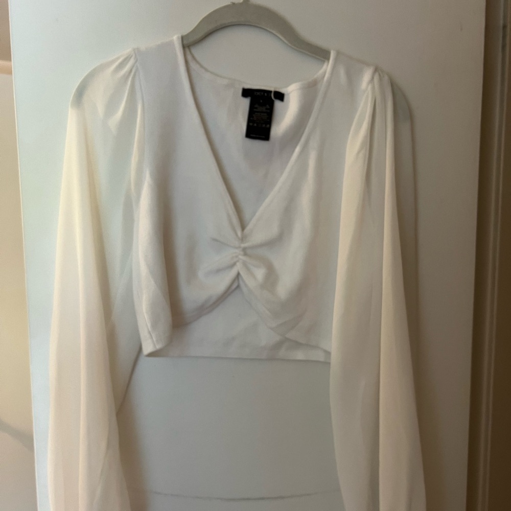 White Cropped Mesh Sleeve Shirt